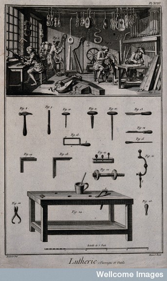 engraving of a musical instrument maker's workshop 